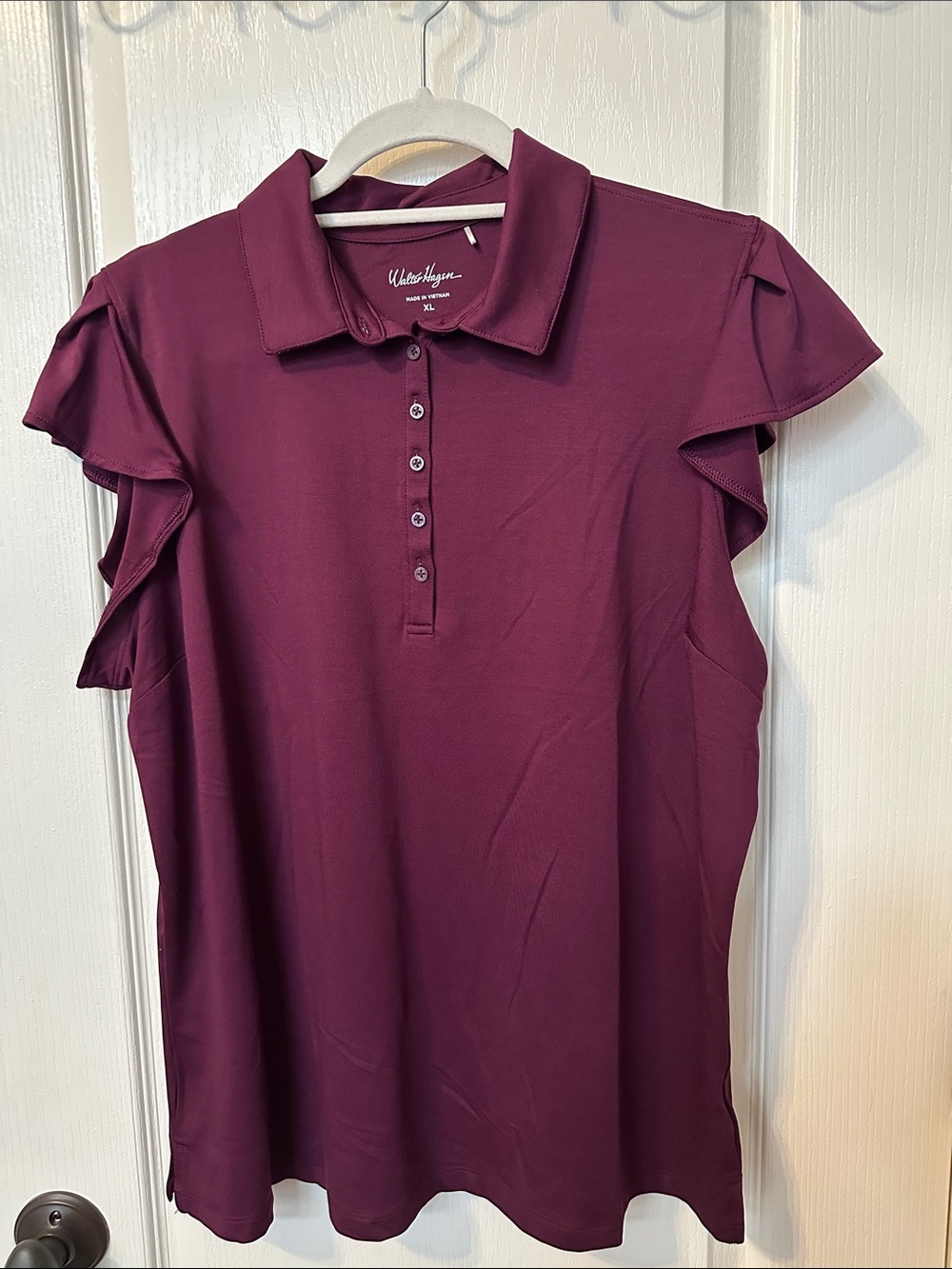 Walter Hagen Plum Ruffle-Sleeve Women’s Golf Polo Shirt with Flutter Sleeves